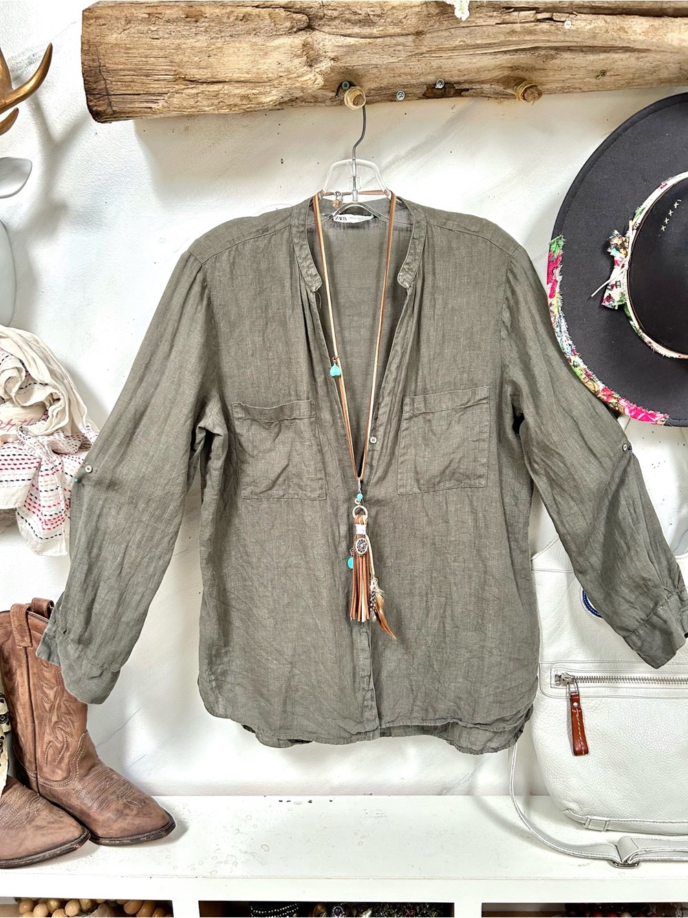 Zara Linen Olive Green Lightweight boho shirt w resort vacay beach country vibe - Picture 10 of 15